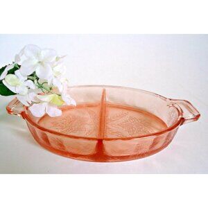 Jeannette Pink Glass Floral Poinsettia Divided Relish Oval Handled Dish 1931-35